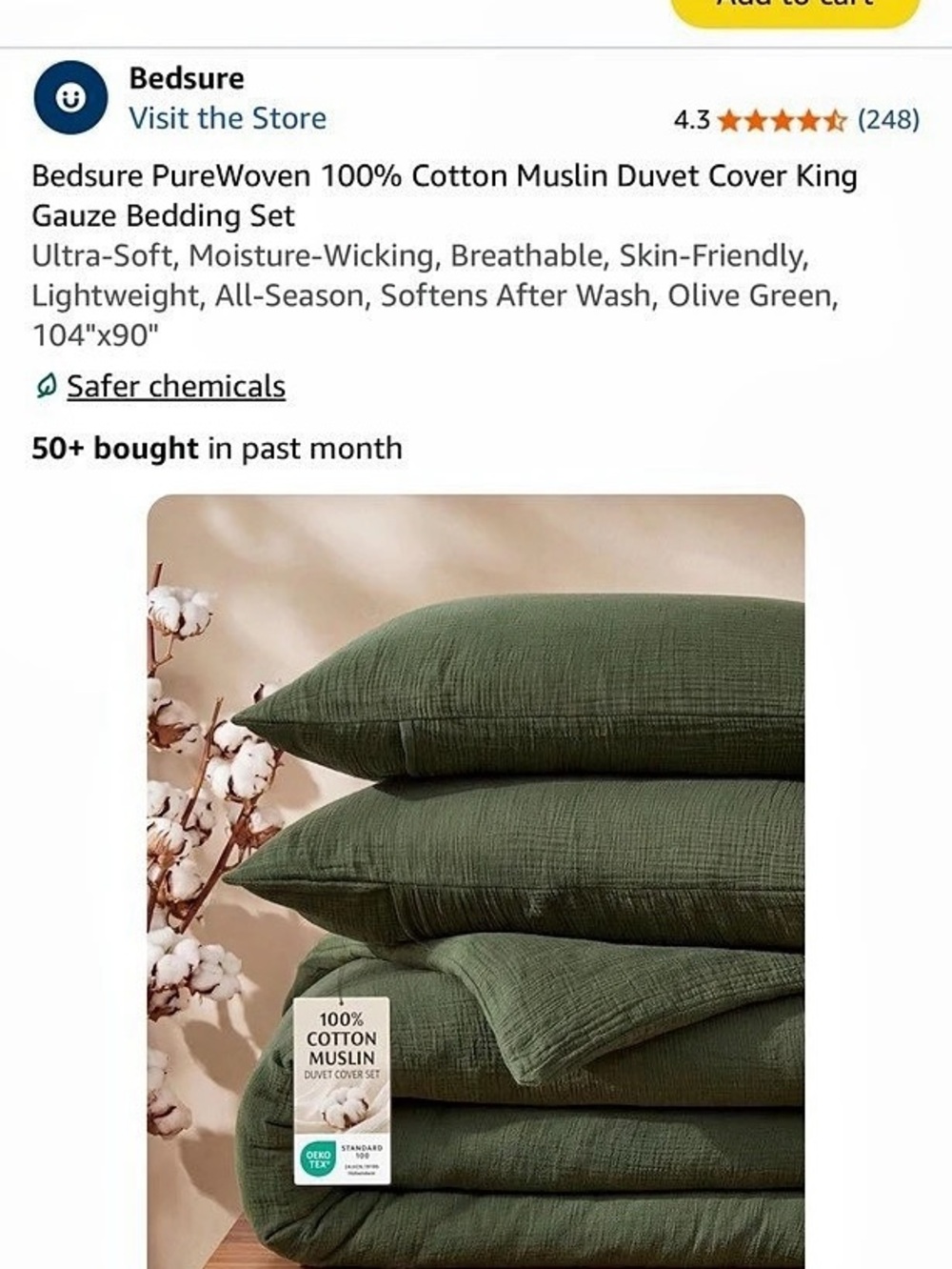 Bedsure 100% Cotton Muslin Duvet Cover Set Green King Cotton